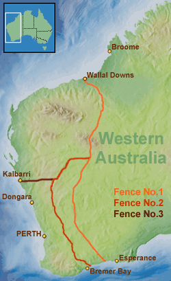Map of Western Australia, showing Rabbit-proof fences No.1, No.2 and No.3.