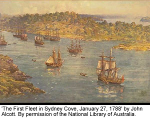 'The First Fleet in Sydney Cove, January 27, 1788' by John Alcott. By permission of the National Library of Australia.